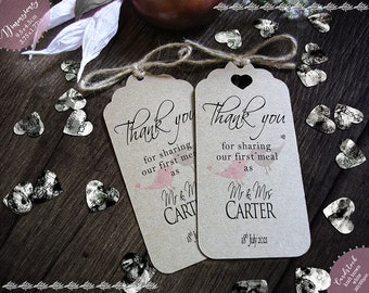 First Meal Thank You Personalised Wedding Favour Tags Napkin Ties - Contemporary Lovebirds Pink Brown  FMhPLBsmB