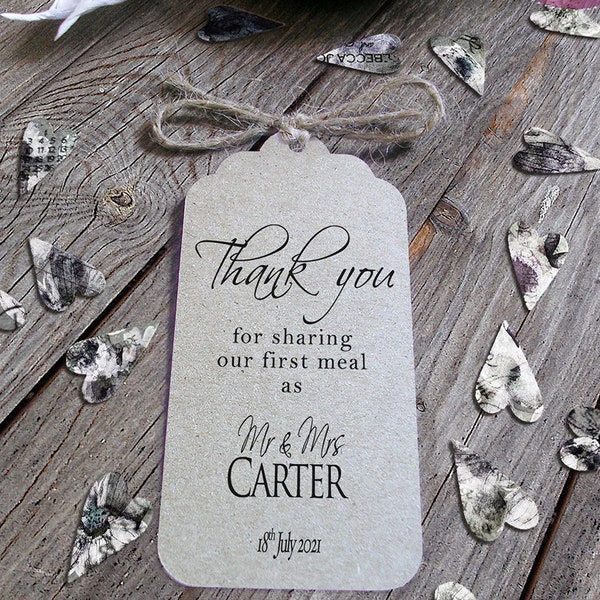 Thank You For Sharing Our First Meal Personalised Wedding Card Tags - Contemporary Plain