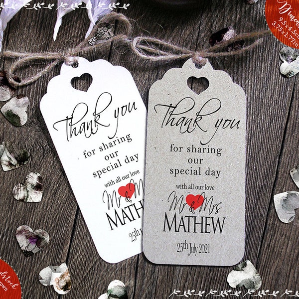 Thank You For Sharing Our Special Day Personalised Wedding Card Favour Tags - Contemporary Red Heart
