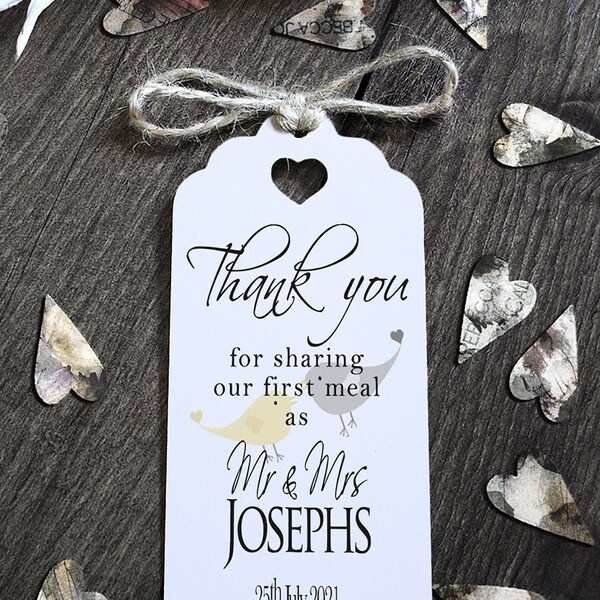 Thank You For Sharing Our First Meal Personalised Wedding Card Napkin Tie Plate Tags - Contemporary Lovebirds Lg White Card