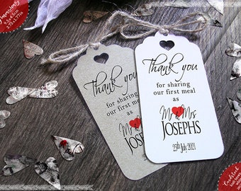 First Meal Thank You Personalised Wedding Favour Napkin Card Tags - Contemporary Red Lg with Heart Cut-Out