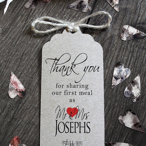 Personalised Wedding Card Tags - Thank You For Sharing Our First Meal Napkin Ties - Contemporary Red
