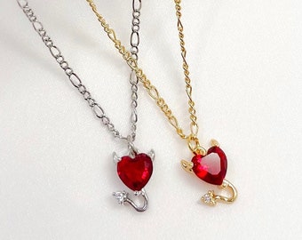 Rhodium of vergulde duivel engel hart kubieke zirkonia cz charme ketting met aanpasbare verstelbare figaro ketting, cadeaus voor haar, trendy, y2k