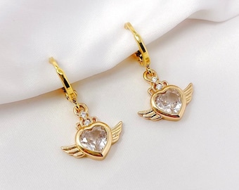 Kolczyki w kształcie skrzydeł anioła w kształcie serca, pozłacane kolczyki z cyrkonii sześciennych w kształcie skrzydeł anioła z małymi kółkami huggie, y2k, modne, prezenty dla niej