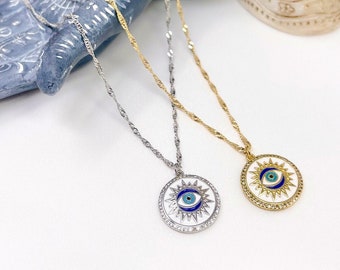 Rhodium or gold plated cubic zirconia cz evil eye enamel charm necklace with resizable adjustable twist chain, gifts for her, trendy, boho