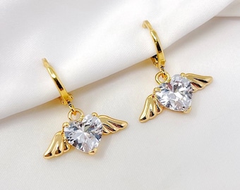 Kolczyki w kształcie skrzydeł anioła w kształcie serca, pozłacane kolczyki z cyrkonii sześciennych w kształcie skrzydeł anioła z małymi kółkami huggie, y2k, modne, prezenty dla niej