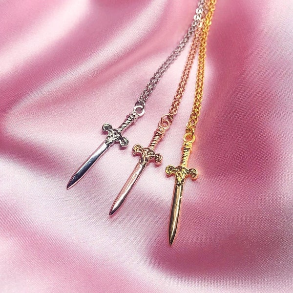 Gold, rose gold, or rhodium plated dagger sword charm necklace with stainless steel chain