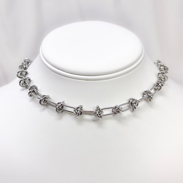 Adjustable resizable chunky stainless steel faux barbed wire chain choker necklace, unisex necklace, gifts for him, gifts for her