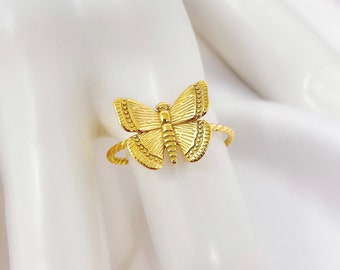 Anillo de mariposa de oro, anillo de mariposa de acero inoxidable chapado en oro ajustable de tamaño, moderno, y2k, regalos para ella