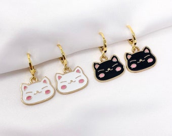 Kitty cat hoop earrings, gold plated enamel kitty cat charm earrings with gold plated mini huggie hoops, gifts for her, y2k, kawaii, trendy