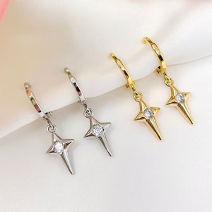 Rhodium of vergulde ster starburst zirkonia charme oorbellen met mini knuffel hoepels, sierlijke hoepels, trendy, cadeaus voor haar