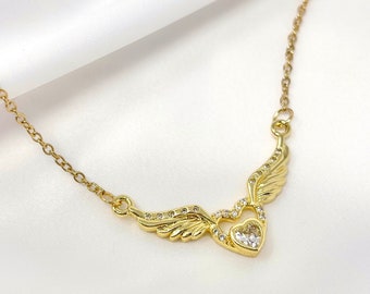 Gold Herz Engelsflügel Halskette, größenverstellbare vergoldete Zirkonia Herz Engelsflügel Halskette mit Edelstahlkette