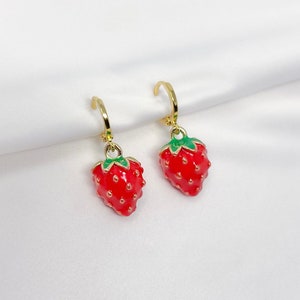 Strawberry hoop earrings, gold plated enamel strawberry charm earrings with gold plated mini huggie hoops, gifts for her, kawaii, trendy