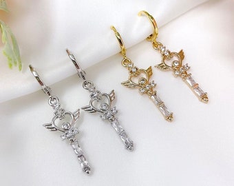 Rhodium or gold plated angel heart wand charm earrings with cubic zirconia cz accents and mini huggie hoops, trendy, y2k