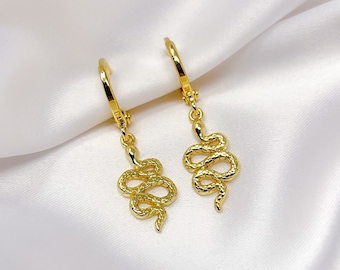 Gold snake earrings, gold plated snake charm earrings with gold plated mini huggie hoops, gifts for her, unisex earrings, trendy earrings
