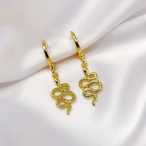 Gold snake earrings, gold plated snake charm earrings with gold plated mini huggie hoops, gifts for her, unisex earrings, trendy earrings