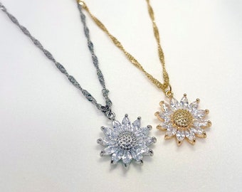 Collar de amuleto de girasol de zirconia cz cúbico chapado en oro con cadena de torsión ajustable de tamaño variable, regalos para ella, y2k, collar de moda