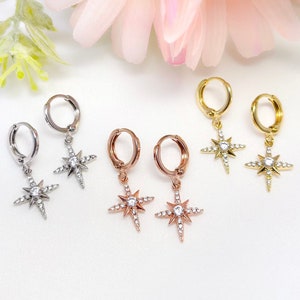 Rhodium, rose gold, or gold plated cubic zirconia cz starburst star charm earrings with mini huggie hoops, gifts for her, dainty, celestial