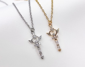 Rhodium or gold plated angel heart wand charm necklace with cz accents and adjustable resizable stainless steel chain, y2k, gifts for her