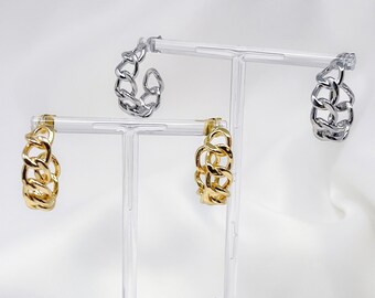 Rhodium or gold plated curb chain stud hoop earrings, trendy earrings, y2k, gifts for her