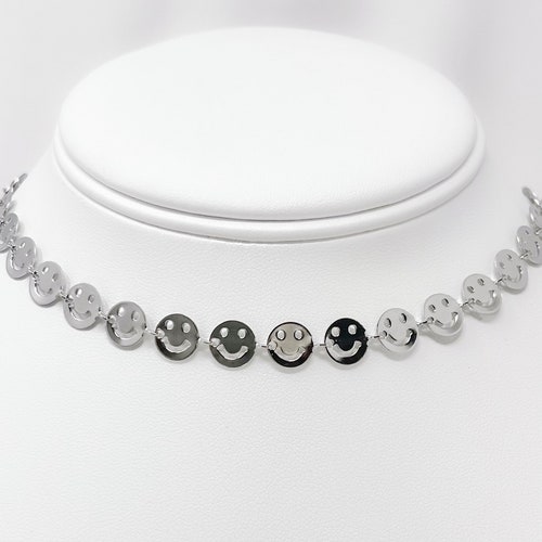 Silver Smiley Face Choker Adjustable 