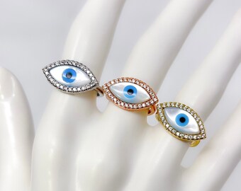 Romdio ajustable redimensionable, oro rosa o zirconia cúbica chapada en oro cz shell anillo de mal de ojo, moderno, boho, regalos para ella
