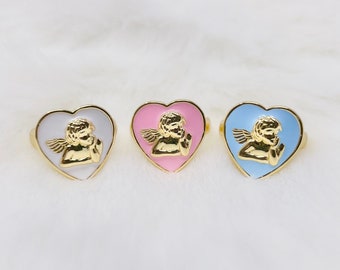 Anillo de querubín con corazón ajustable, anillo de querubín con corazón de ángel y esmalte blanco, rosa y azul chapado en oro, regalos para ella, anillo Y2K, anillo de moda
