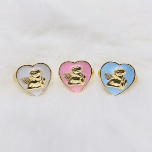 Adjustable heart cherub ring, gold plated white, pink, and blue enamel heart angel cherub ring, gifts for her, y2k ring, trendy ring