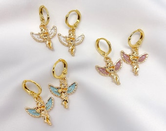 Angel cherub mini huggie hoop earrings, gold plated cherub hoop earrings, enamel cherubs, y2k earrings, trendy earrings, gifts for her,