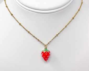 Strawberry fruit necklace, resizable gold plated enamel strawberry with gold stainless steel chain, gifts for her, kawaii, trendy, y2k