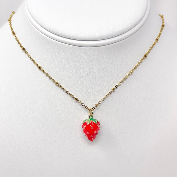 Strawberry fruit necklace, resizable gold plated enamel strawberry with gold stainless steel chain, gifts for her, kawaii, trendy, y2k