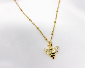 Bee charm necklace, gold plated cz bee charm necklace with adjustable resizable stainless steel chain, trendy necklace, gifts for her