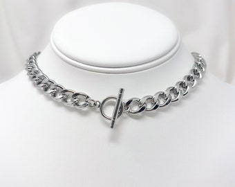 Stainless steel extra chunky 10mm curb chain choker necklace with toggle clasp, unisex necklace, gifts for him, gifts for her, trendy, y2k