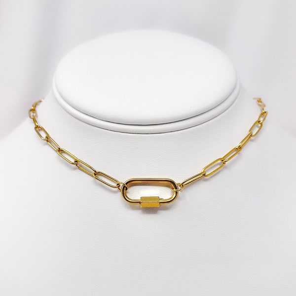 Resizable adjustable gold plated stainless steel carabiner paper clip chain choker necklace, trendy chunky chain, gifts for her, y2k choker