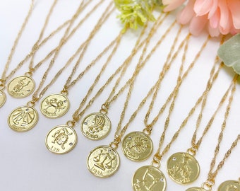 Gold plated 12 zodiac signs constellations birthday necklace with gold plated resizable adjustable twist chain, gifts for her, personalized