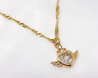 Collar de alas de ángel de corazón, collar de amuleto de zirconia cúbico chapado en oro ajustable, collar de diamantes cúbico de zirconia, collar de moda, regalos para ella
