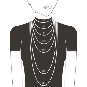 May include: A diagram showing different necklace lengths from 14 inches to 34 inches. The lengths are marked on the diagram.