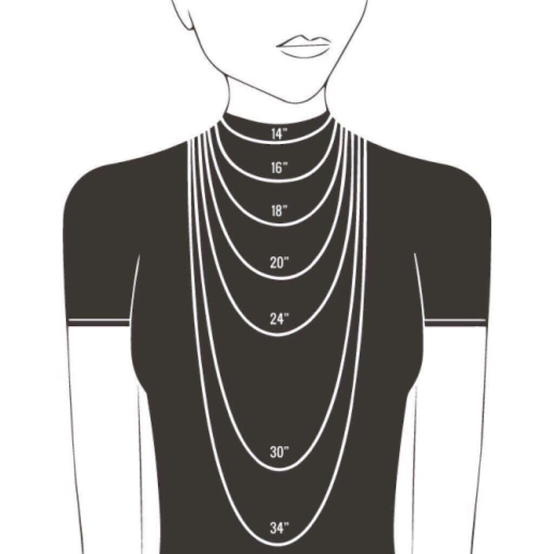 May include: A diagram showing different necklace lengths from 14 inches to 34 inches. The lengths are marked on the diagram.