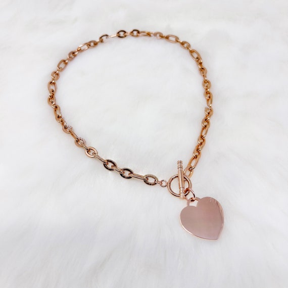 Silver Gold Rose Gold Plated Heart Charm Necklace & Bracelet Set – Chunky Stainless Steel Chain, Toggle Closure, Jewelry Gift For Women - View #7