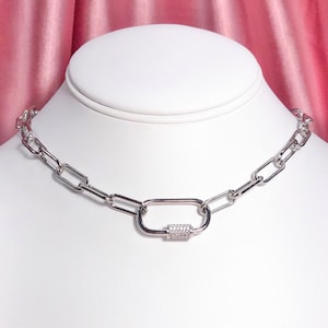 Adjustable resizable silver stainless steel chunky paper clip chain layering necklace choker with cubic zirconia rhodium plated carabiner