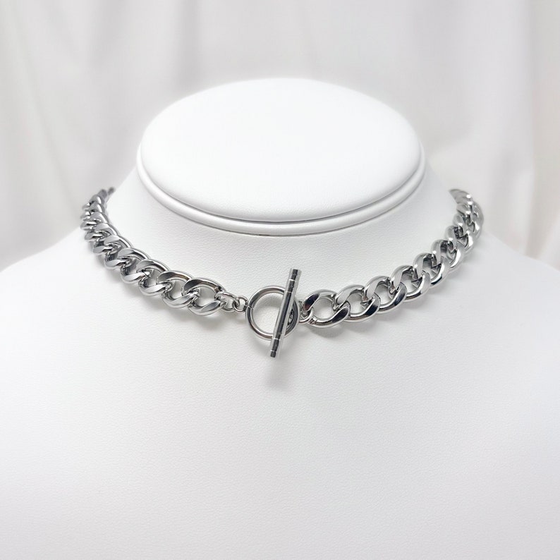 Stainless steel extra chunky 10mm curb chain choker necklace with toggle clasp, unisex necklace, gifts for him, gifts for her, trendy, y2k image 1