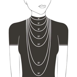 May include: A diagram showing different necklace lengths on a model, ranging from 14 inches to 34 inches.