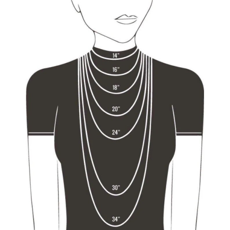 May include: A diagram showing different necklace lengths on a model, ranging from 14 inches to 34 inches.