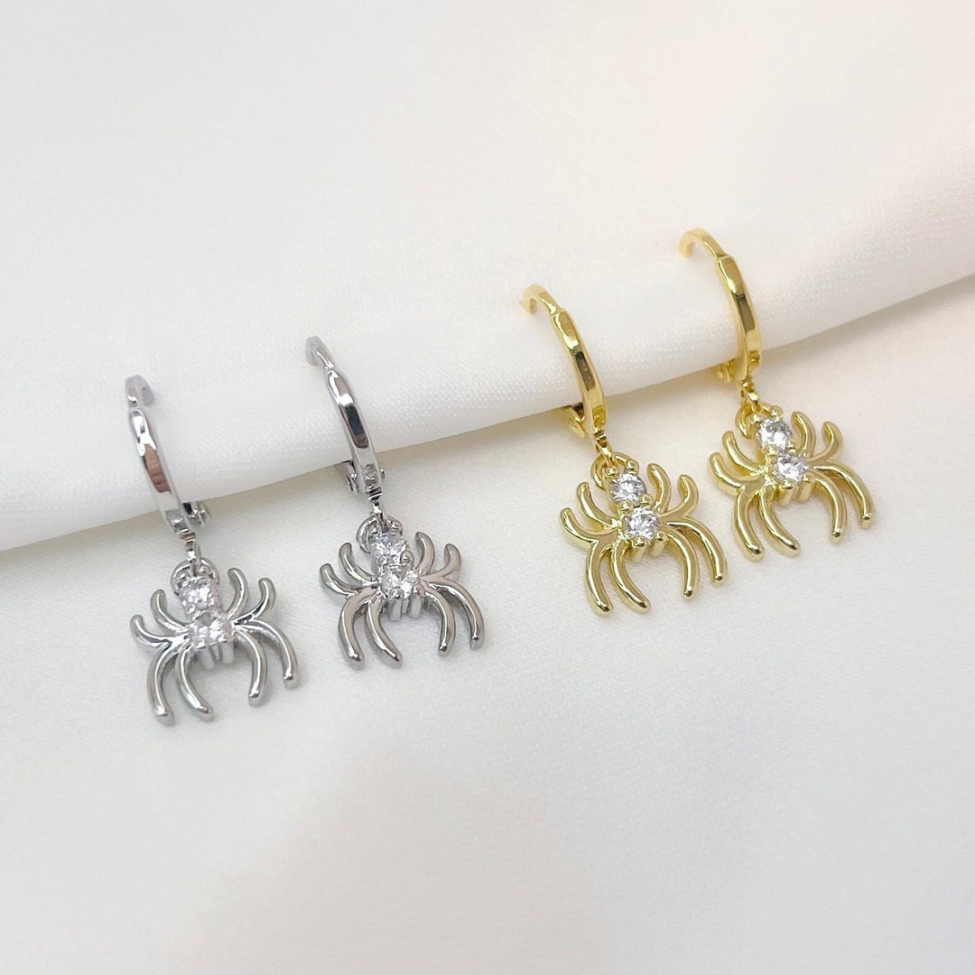 Gold or Rhodium Plated Spider Cubic Zirconia Charm Earrings With Mini ...