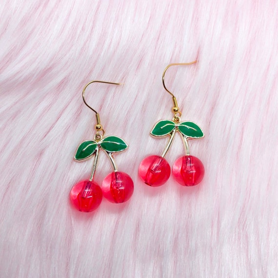 Red Bing Cherry Dangle Earrings With Hypoallergenic Gold | Etsy