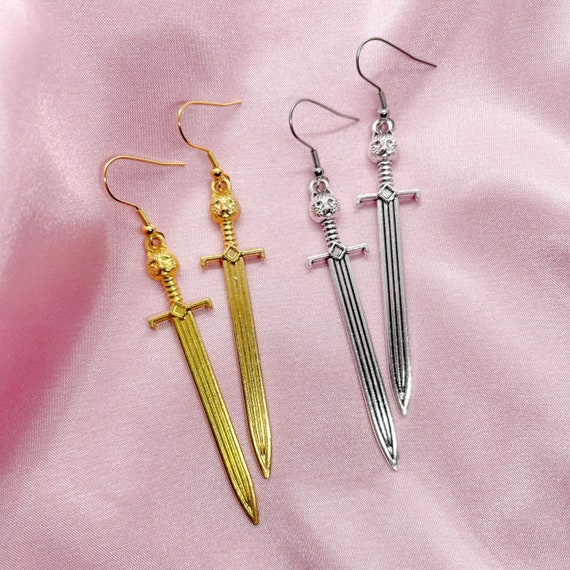 Antique silver or gold plated dangle sword dagger earrings with hypoallergenic stainless steel hooks