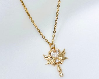 Gold plated angel wings heart wand charm necklace with cz accents and adjustable resizable gold plated stainless steel chain, y2k