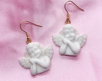 Resin Cupid angel cherub charm earrings with hypoallergenic gold plated stainless steel hooks