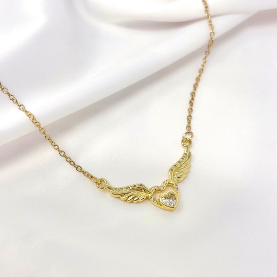 Gold Heart Angel Wings Necklace 