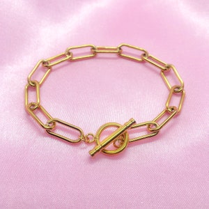 Toggle clasp gold plated stainless steel chunky paper clip chain bracelet